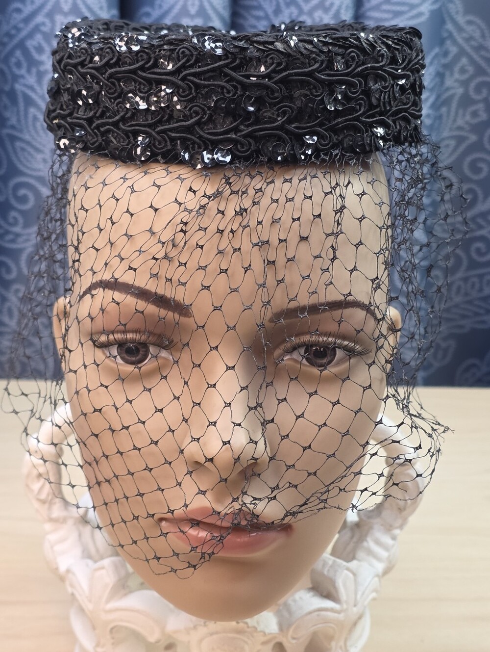 Vintage 1950s Black Sequin Soutache Pillbox Hat Fascinator with Birdcage Veil